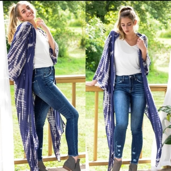 Boho Tie Dye Kimono Blue and White - Picture 3 of 4
